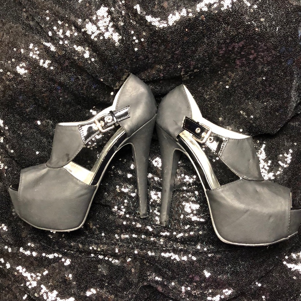 All black leather heels